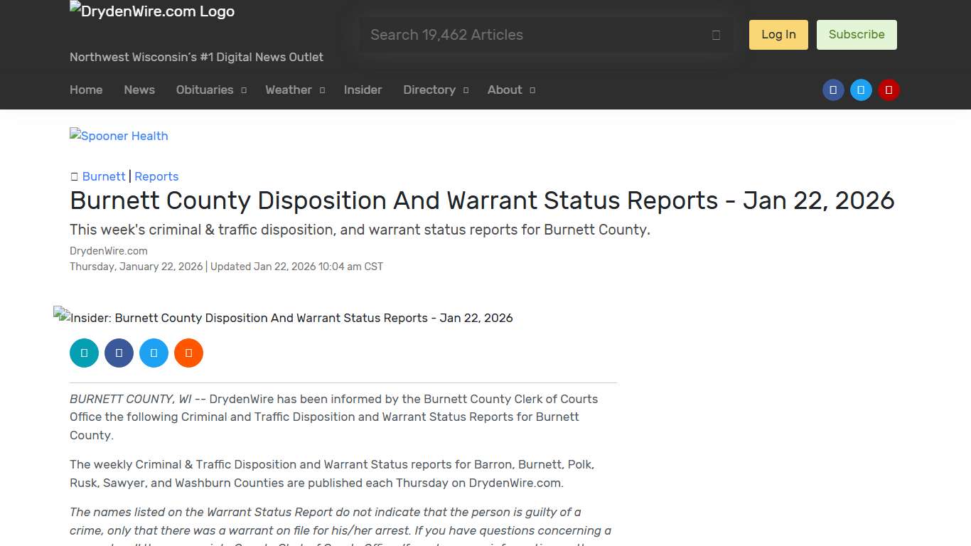 Insider: Burnett County Disposition And Warrant Status Reports - Jan 22, 2026 Recent News DrydenWire.com